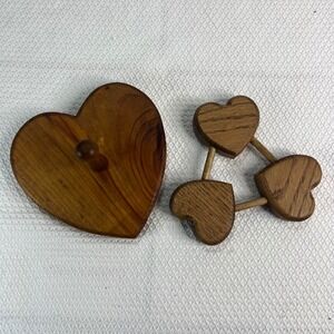 Vintage Wood Heart Wall Hook Peg and Triple Heart Trivet Set Rustic Farmhouse